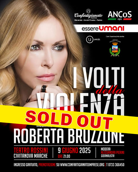 Locandina ufficiale dell'evento I Volti della Violenza con Roberta Bruzzone organizzato da ANCoS APS e Confartigianato il 9 giugno 2025 a Civitanova Marche